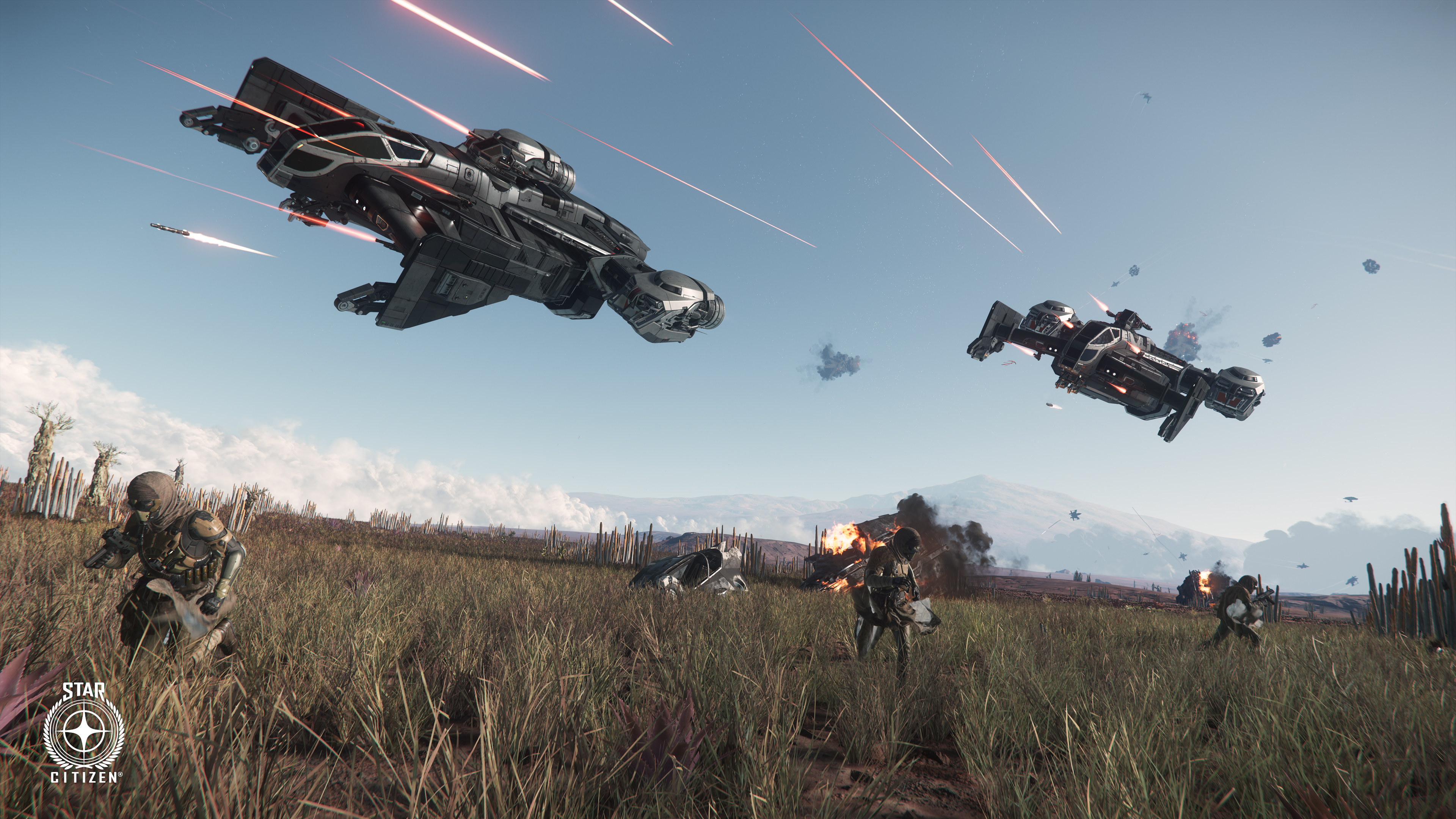Star-Citizen-Kampfszene mit Bodentruppen und Raumschiffen