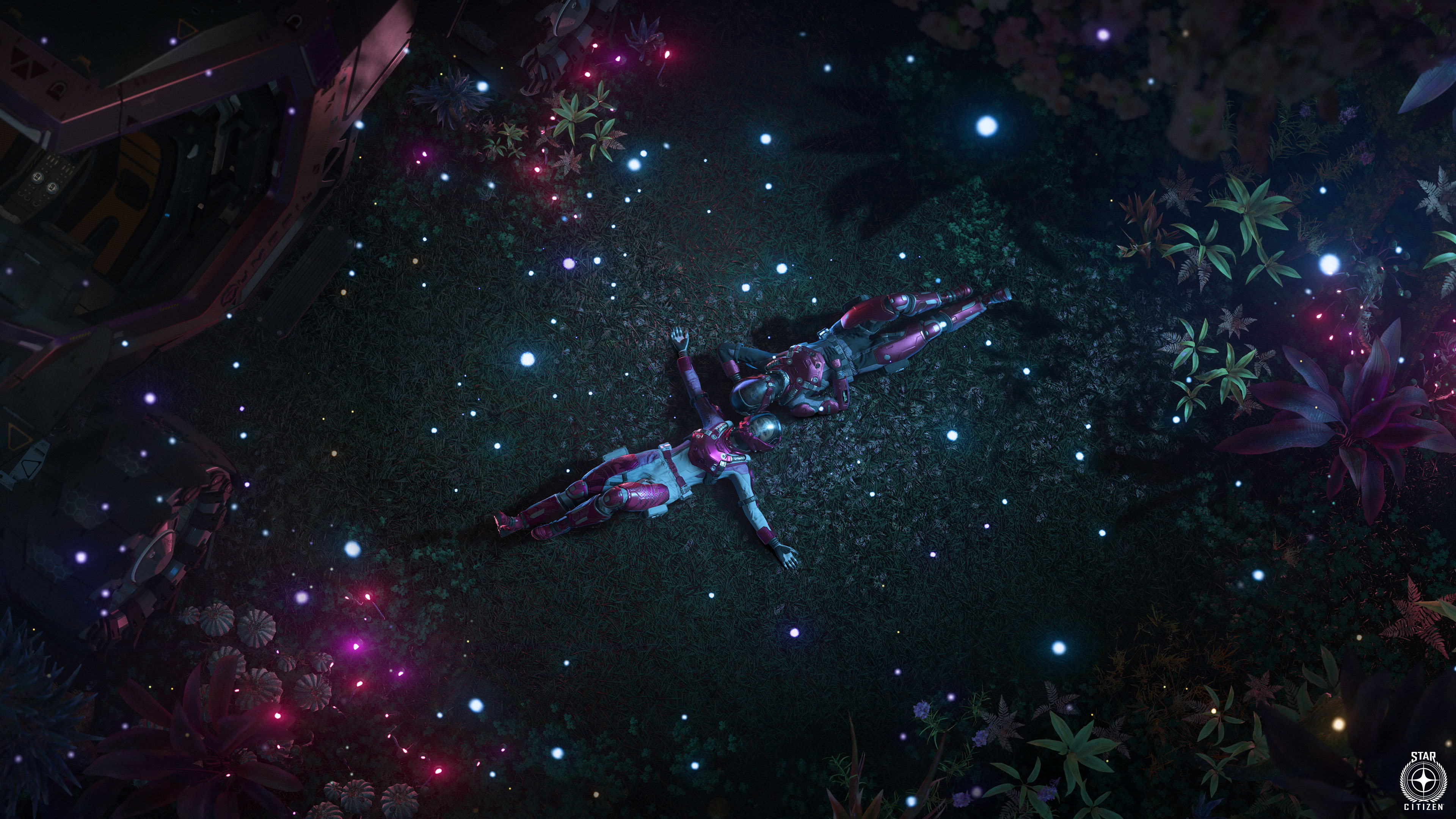 Zwei Star-Citizen-Spieler in leuchtender Vegetation